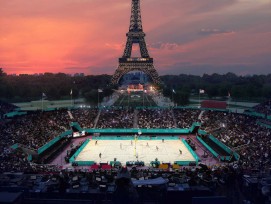 Visualisierung Beachvolleyball-Stadion vor Eiffelturm