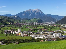 Blick vom Waltisberg nach Oberdorf, Stans, Stansstaad und Pilatus