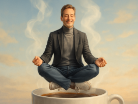 Mann schwebt über einer Kaffeetasse