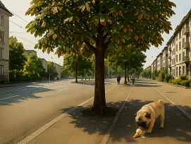 Kastanie im Spätsommer an einer Strasse.