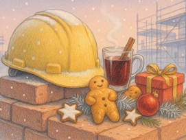 Weinachtliche dekorierter Bauhelm auf einer Baustelle.