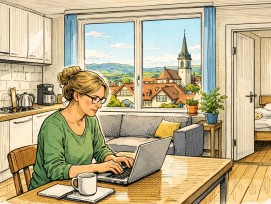 Frau arbeitet an einem Laptop zu Hause (Symbolbild)