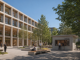 Mit Hilfe von ChatGPT erstellte Visualisierung eines Bürogebäudes bei Sonnenschein....