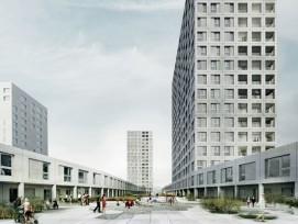 Maisonette- und Satellitenwohnungen flankieren den Wohnhof über der Tramdepothalle.