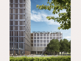 Der neue Campus der Hochschule Luzern auf dem Suurstoffi-Areal von aussen… (Visualisierungen Zug Estates)