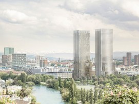 Gesamtansicht des Siegerprojekts „Ensemble“ stadteinwärts. (Visualisierungen: HRS Real Estate AG)