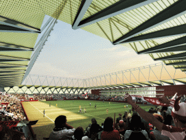 Nach einem erneuten Bundesgerichtsurteil kann der Bau des geplanten Aarauer Fussballstadions nun definitiv an die Hand genommen werden. (Visualisierung: Burkard Meyer Architekten)