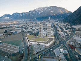 Entwicklungspotenzial: Im ehemaligen Churer Industriequartier gibt es 2011 noch viel Platz rund um das neu erstellte Zentrum City West mit seinen 70 Meter hohen «Twin Towers». (Bild: Archiv Baublatt)