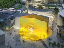 Von weiterm sichtbar: Der golden Platz und der goldene Eingang, des neuen Tourismus- und Unterhaltungszentrums. (MVRDV) 1/6