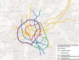 Schematische Darstellung des Velorings und der Velorouten in Basel (Bau- und Verkehrsdepartement Basel-Stadt)