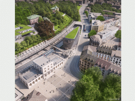 Das neue Geschäftshaus am Bahnhof Stadelhofen aus der Vogelperspektive (Visualisierungen: CALATRAVA VALLS SA)