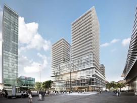 1/2 Der Entwurf von Herzog & de Meuron für das neue Hochhaus (Bildmitte). Links der bestehende Messeturm (Messe Basel) 