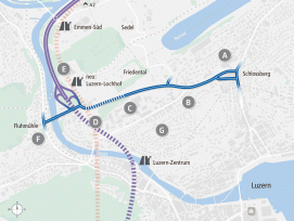 Die geplante Linienführung der Spange Nord (blau) als Teil des Bypasses (rosa) und der Stadtautobahn (violett): Im Bereich Schlossberg (A) sind Ampeln vorgesehen. Der Knoten Rosenberg bis zum Einmünder in die Sedelstrasse wird umgestaltet (B). Von hier au
