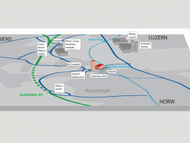 Das Entwicklungsgebiet Luzern Süd mit der geplanten Eventhalle (rot). (Bild zvg)