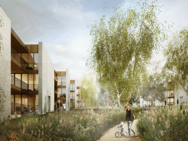 Das siegreiche Team von Morger Partner Architekten und Fontana Landschaftsarchitektur GmbH sieht zwei Häuserzeilen mit einem Grünraum dazwischen vor. (Visualisierung Morger Partner AG)