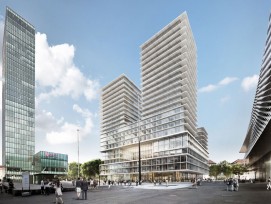 Der Entwurf von Herzog & de Meuron für das neue Hochhaus (Mitte). Links der bestehende Turm (Messe Basel)