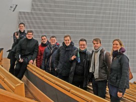 Die erfolgreichen Digital-Teilnehmer im Aalto-Auditorium in Helsinki: Jan Schlaepfer Hausdorff, Philipp Wieting Werknetz Architektur; Luca Mussio, Hoffmann-La Roche Ltd; Frank Wurow, Jordahl H-Bau AG; Thomas Koller, pzm AG; Andreas Gemperle, Rothpletz, Li