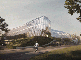 Neues IOC-Gebäude in Lausanne von 3XN. Zurzeit laufen die Bauarbeiten. 