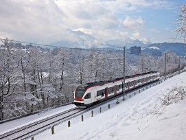 Der Zug RaBe523 der Stadtbahn Zug fährt entlang des Rotsees durch die Winterlandschaft.