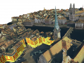 Blick auf Grossmünster, Limmat und Fraumünster. Das System erkennt Fassaden und Fenster (in den Gebäuden im Vordergrund gelb und rot sichtbar gemacht).