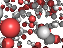 Nach knapp 70 billardstel Sekunden (Femtosekunden) haben sich die Wassermoleküle bereits weitgehend in Wasserstoff (weiss) und Sauerstoff (rot) getrennt.