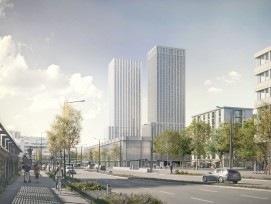 Blick auf die geplanten Hochhäuser beim neuen Fussballstadion Hardturm.