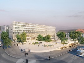 Forum UZH, Blick von Kollegiengebäude der Universität Zürich, Siegerprojekt von Herzog & de Meuron: Es entsteht ein zentraler Platz mit grossen Bäumen im Herzen des Hochschulquartiers.