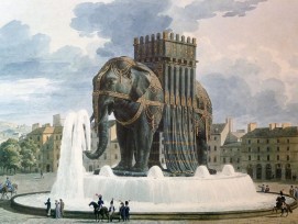 Ein Aquarelle von Jean-Antoine Alavoine (1776-1834) zeigt das Gipsmodell des Elefantenmonuments, das Napoleon auf dem Place de la Bastille bauen wollte. 