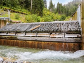 Bei Wehren mit Stirnentnahme schützen oft Grobrechen die darunter liegende Coanda-Konstruktion vor den zerstörerischen Kräften des Geschiebes (Bild: Coanda-Rechen im Sagenbach bei Tschiertschen GR). 