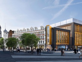 Ein Kontrast mitten im Stadtteil London Borough of Camden: Neben einer denkmalgeschützten Fassadenfront entsteht der St. Giles Circus.