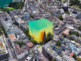 Gestapelte Heatmaps repräsentatieren das Hochhaus zur Palme in Zürich. Sie stellen das Kriterium «Aussicht ins Grüne» dar.