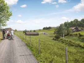 Blick vom Mühleweg Staffelbach auf die Luftseite des Dammbauwerks.