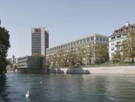 Während der Bauzeit werden die Arbeitsplätze, Garderoben, Ruhe- und Aufenthaltsräume von Schutz & Rettung Zürich in einem Provisorium auf der Limmat untergebracht.