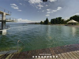 Fast wie am Meer: Ausschnitt des Panoramabildes der Zürcher Badi Mythenquai mit Sandstrand.