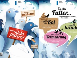 Mit diesen zwei Plakatsujets macht die Stadt Luzern dreisprachig gegen das Füttern von Tauben und Schwänen mobil.
