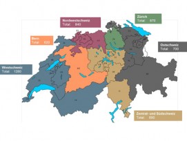 Karte aufgeteilt in sechs Regionen und den Bedarf an Plätzen in Bundesasylzentren.