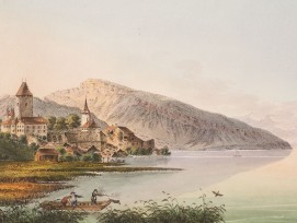 Schloss Spiez, Kolorierte Umrissradierung von Jakob Samuel Weibel.