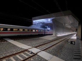 Testfahrt, Ceneribasistunnel bei Nacht.