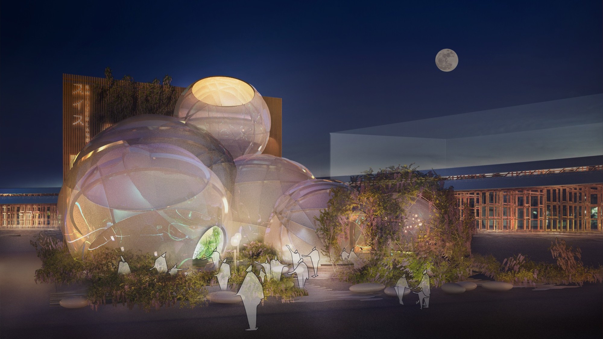 Schweizer Pavillon für die Expo 2025 in Osaka bei Nacht.