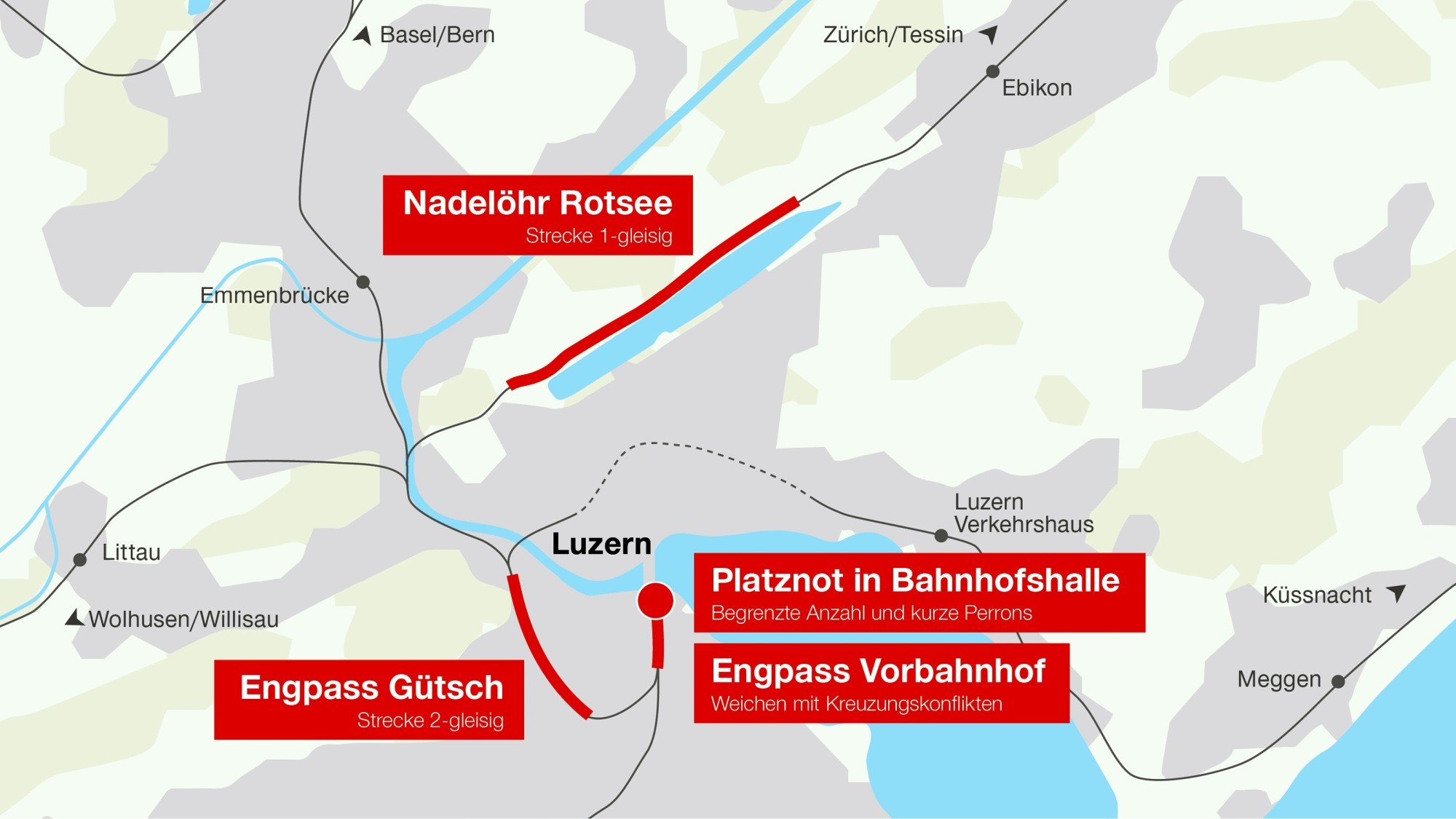 Lageplan Bahnknoten Luzern mit Engpässen