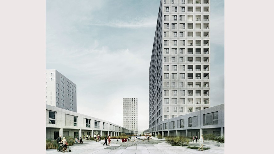 Maisonette- und Satellitenwohnungen flankieren den Wohnhof über der Tramdepothalle.